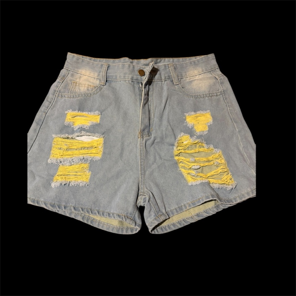 Stylish Distressed Denim Shorts with Yellow Accents